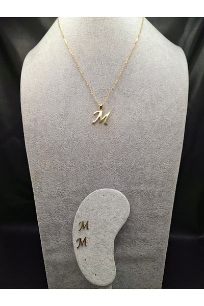 Han Ticarethane Gold Color Steel Letter m Necklace and Earring Set
