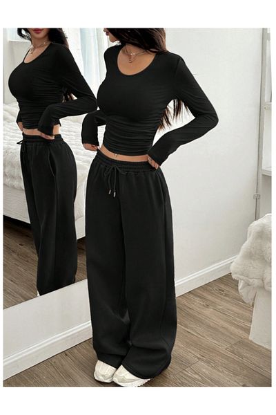 ELF MODA Pantaloni negri de damă, de mărime mare, largi, largi, pantaloni de sport din țesătură confortabilă, elastică, SIX MODAhjn