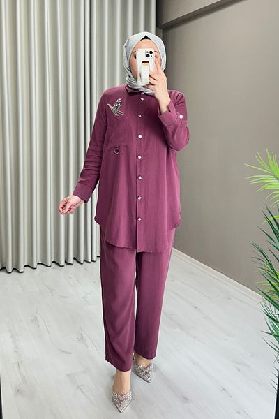 Camelya Fashion Phoenix Stone Embroidered Organic Fabric Shirt Trousers Hijab Double Suit