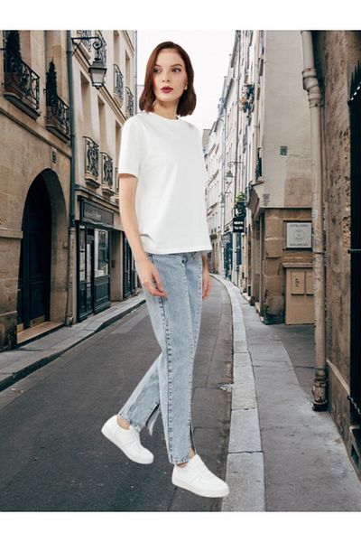 kotmodası Blugi de damă cu spălare în zăpadă, cu fantă în față, pantaloni din denim