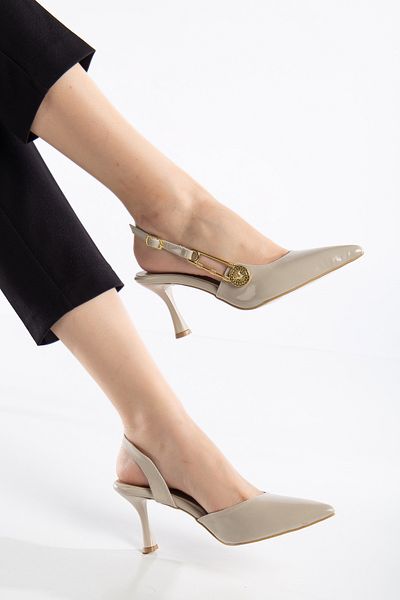 Brielfy Rev-2 Women's Premium Side Gold Buckle Button Pointed Toe Heeled Summer Shoes Stiletto