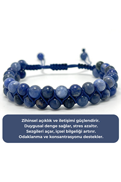 YILDIZ DOĞAL TAŞ SERTİFİKALI Sodalit Çift Sıra Doğal Taş Makrome Bileklik Aya...