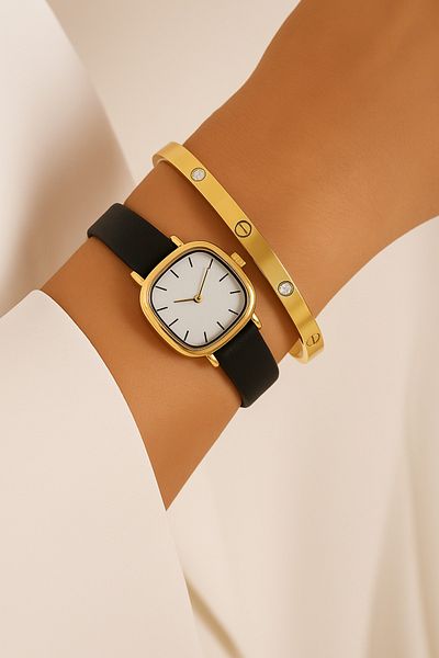 pullmarkt 2-Piece Saatl Jewelry Set - Handcuff Bracelet + Minimal Design - Women's Wristwatch