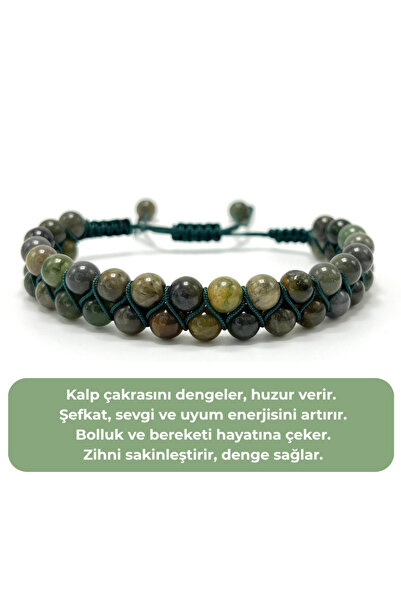 YILDIZ DOĞAL TAŞ SERTİFİKALI Afrika Yeşim Çift Sıra Doğal Taş Makrome Bilekli...