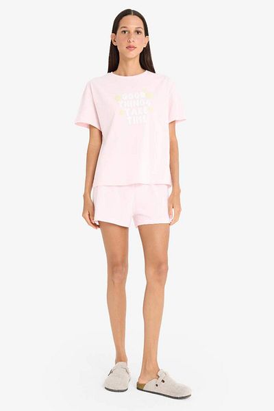 DeFacto Pyjama-Set, kurzärmeliges Oberteil, elastische Shorts mit Taille – Fall In Love F4678ax25sm
