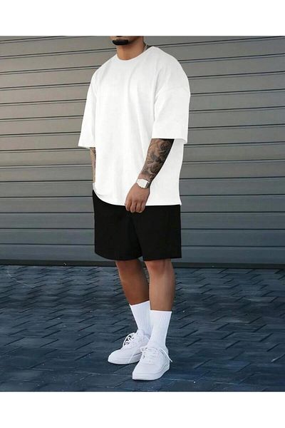 khufu Unprinted Oversize Mold White T-Shirt and Black Shorts Double Set Unisex