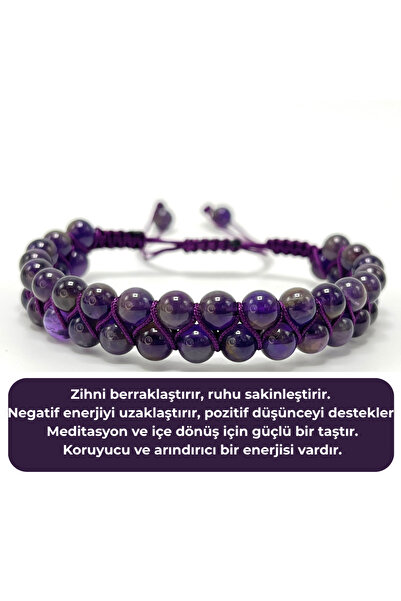 YILDIZ DOĞAL TAŞ SERTİFİKALI Ametist Çift Sıra Doğal Taş Makrome Bileklik Aya...