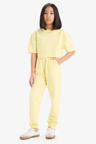 DeFacto New Season Girls' 2-Piece Set Crew Neck Printed Short Sleeve T-Shirt Waist