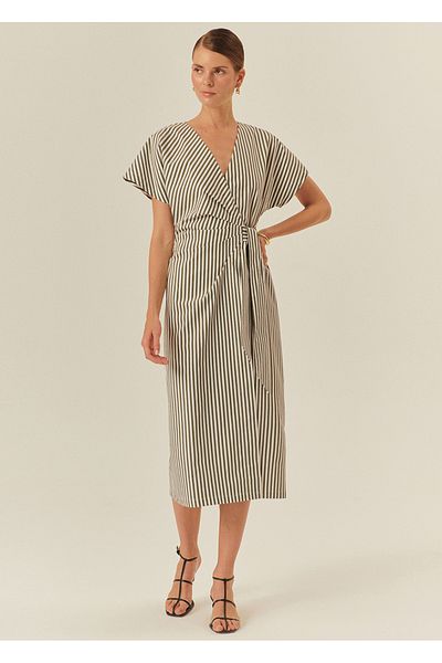Exquise Stripe Patterned Double Breasted Model Cotton Midi Length Dress