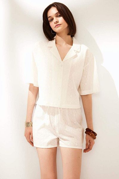 DeFacto New Season Oversize Wide Fit Pajama Collar Embroidered Brode Short Sleeve Shirt