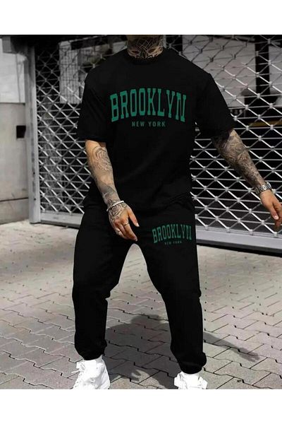 khufu Brooklyn Printed Oversize Fit Black T-Shirt and Black Tracksuit Two-Piece Set Unisex