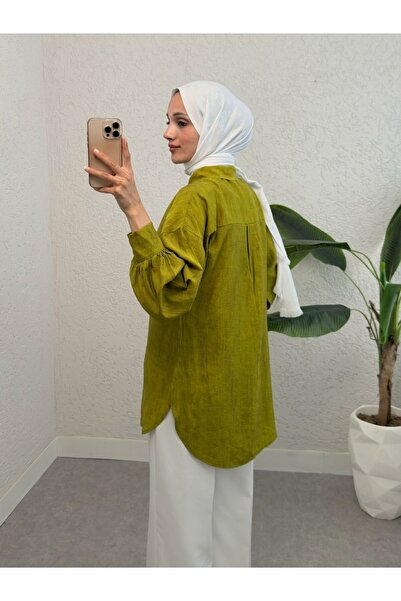 Modamorfo Πουκάμισο με οβάλ κόψιμο και σκίσιμο στη φούστα - Πράσινο λαδί