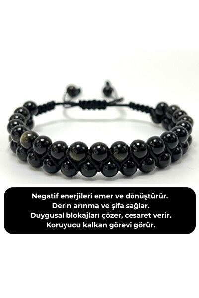 YILDIZ DOĞAL TAŞ SERTİFİKALI Obsidyen Çift Sıra Doğal Taş Makrome Bileklik Ay...