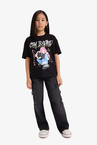 DeFacto New Season Girl's Oversize Wide Fit Crew Neck Printed Short Sleeve T-Shirt