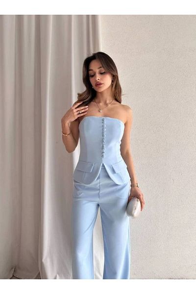 Misscix Women's Evening Dress Stylish Buttoned Strapless Vest Pants Suit - Evening Dress & Graduation Dress