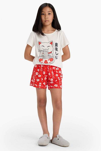 DeFacto New Season Girls' Pajama Set Printed Short Sleeve Top Patterned Shorts