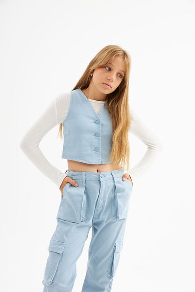 Marka Sensin Kids Girl's Special Design Denim Vest White Body Cargo Pocket Trousers 3 Piece Set