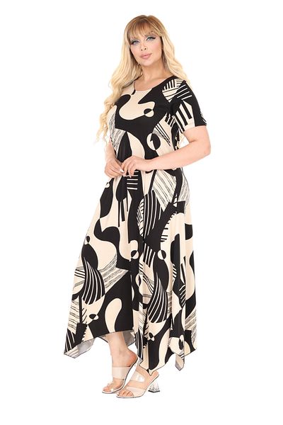 MELSAY Women's Ecru Short Sleeve Asymmetrical Cut Baroque Pattern Plus Size Dress