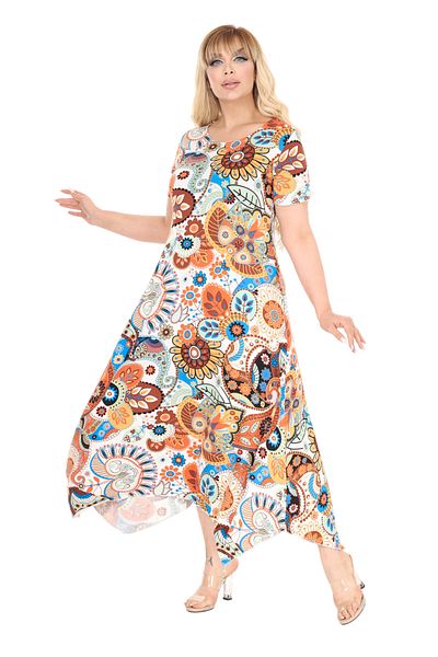 MELSAY Women's Short Sleeve Asymmetrical Cut Colorful Botanical Pattern Plus Size Dress