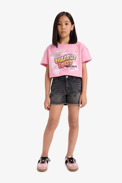 DeFacto New Season Girl's Crop Crew Neck Printed Short Sleeve T-Shirt