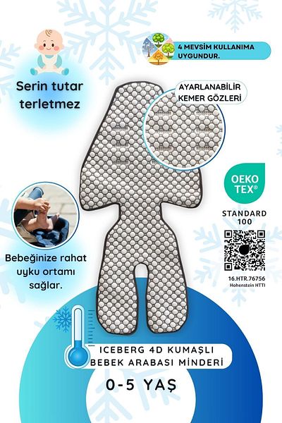 Next Baby Little Dedi Iceberg 4D Fabric Baby Stroller Cushion Gray Oeko-Tex 100 Certified