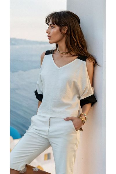 Kentsoylu Women's Color Block Low-Cut Sleeve Shoulder Low-Cut Casual Linen Blouse 2923220