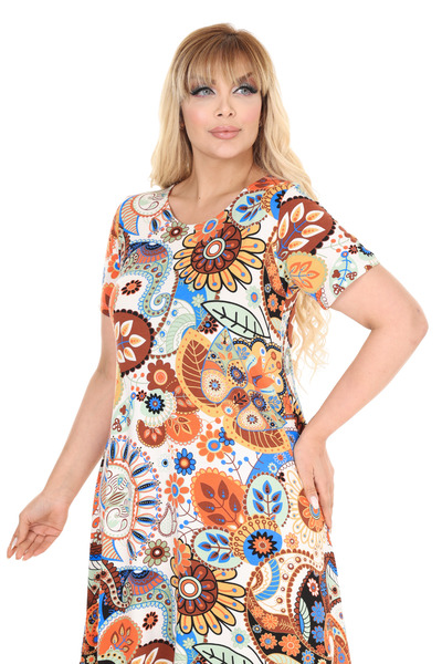 MELSAY Women's Short Sleeve Asymmetrical Cut Colorful Botanical Pattern Plus Size Dress