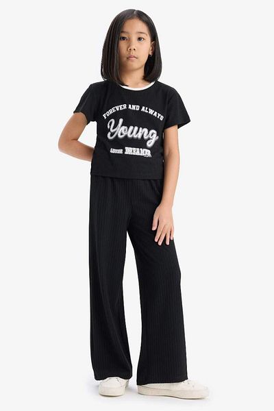 DeFacto Girls' 2-Piece Suit Ribbed Camisole Printed Short-Sleeved T-Shirt Wide Leg