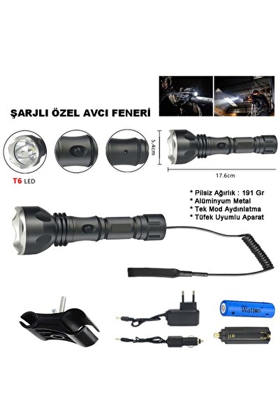 Watton Orjinal 600 Lümen Tx6 Şarjlı Özel Avcı Feneri Wt-253
