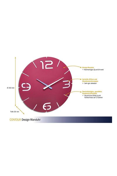 TFA Colorful Wall Clock, Analogue, Designer Created, Contour Model, Pink, 60.3047.12