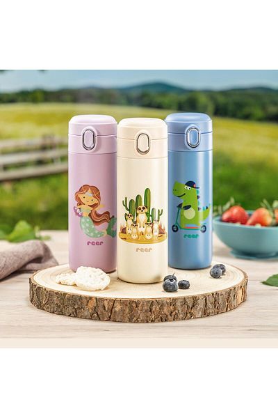 reer Kids Drinking Bottle with Silicone Straw, Stainless Steel, 350ml, Cream White, 90100