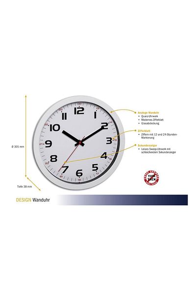 TFA Silent Analogue Wall Clock, With Glass Cover, Large Digits, White, 60.3050.02