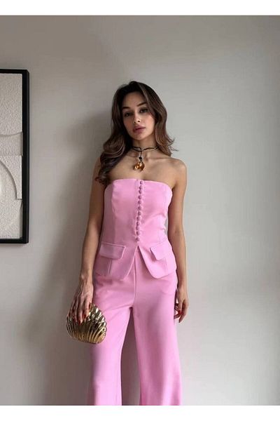 Misscix Women's Evening Dress Stylish Buttoned Strapless Vest Pants Suit - Evening Dress & Graduation Dress