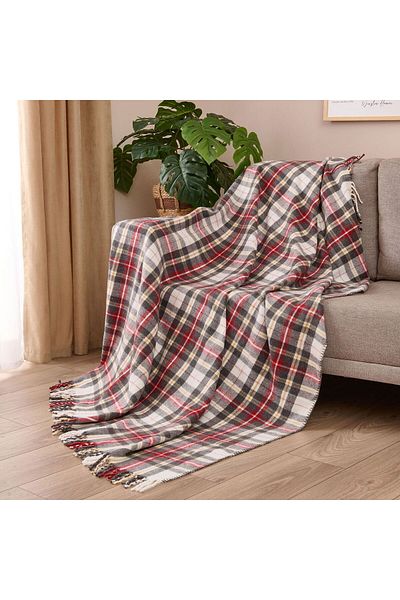ASPARTAM Sim İp Detailed Scottish Sofa Shawl - Red - 130X170 cm