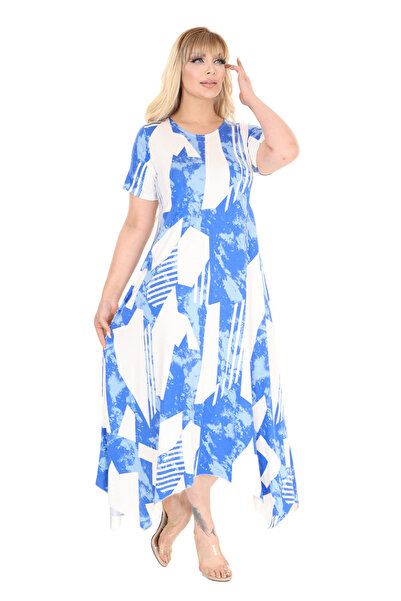 MELSAY Γυναικείο κοντομάνικο ασύμμετρο λευκό μπλε vintage μοτίβο φόρεμα σε μεγάλο μέγεθος