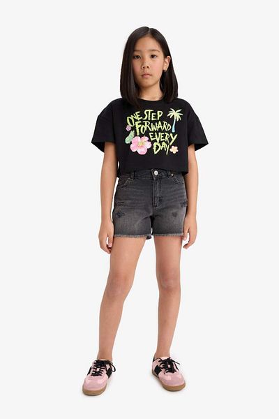 DeFacto New Season Girl's Crop Crew Neck Printed Short Sleeve T-Shirt