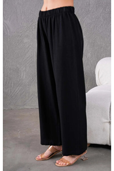 Elçelya Moda Γυναικείο μαύρο λινό παντελόνι με ελαστική μέση και άνετο φαρδύ ...