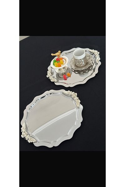 Elzemm store 2 Pcs Steel Round Wavy Silver Handle Service and Presentation Tray
