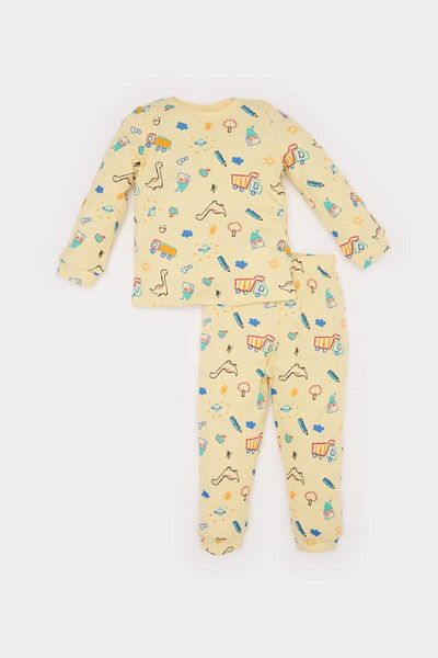 DeFacto New Season Baby Boy Pajama Set Vehicle Printed Long Sleeve Waffle Top with Elastic Waist