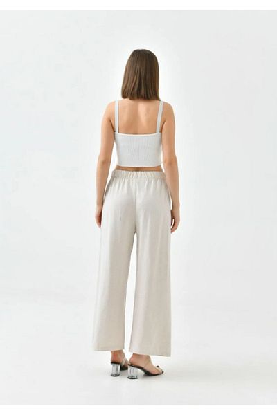 Elçelya Moda Women's Cream Linen Elastic Waist Comfortable Wide Leg Trousers