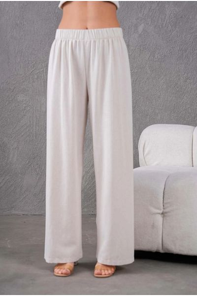 Elçelya Moda Women's Ecru Linen Elastic Waist Comfortable Wide Leg Pants