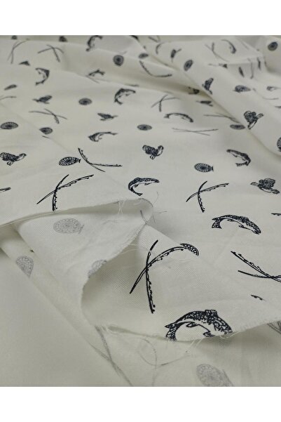 Kumaş Parça Біла бавовняна тканина з темно-синім рибним візерунком (ширина 15...