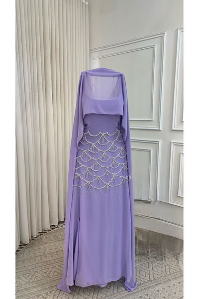 NR FASHION Chiffon dress with beads and long train