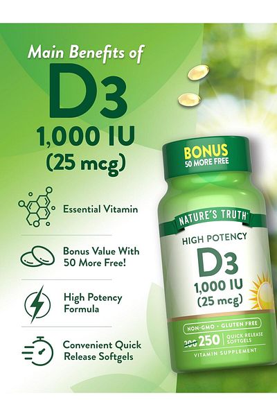 Natures Truth Nature's Truth, High Potency Vitamin D3, 25 Mcg (1000 Iu), 250 Quick Softgels