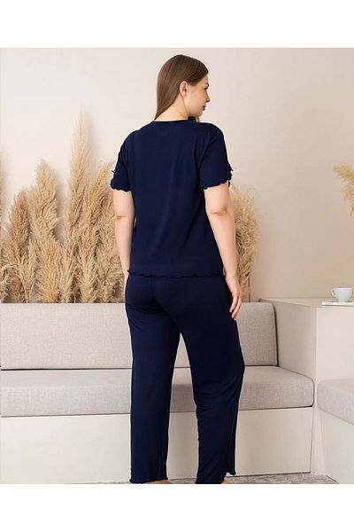 Meri Women's Navy Blue Short Sleeve V Neck Plus Size Battal Bamboo Pajama Set