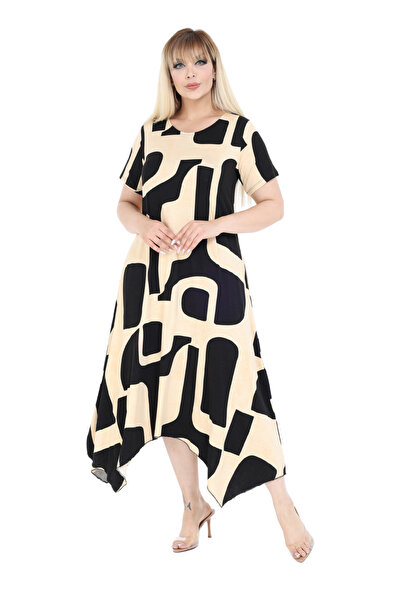 MELSAY Women's Beige Short Sleeve Asymmetrical Cut Picasso Pattern Plus Size Dress