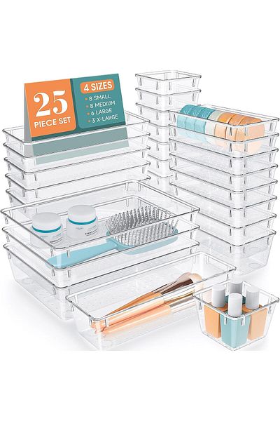 NEXIFY 25 PCS Clear Plastic Drawer Organizer Set, 4 Sizes Desk Drawer Divider Organizers and Storage
