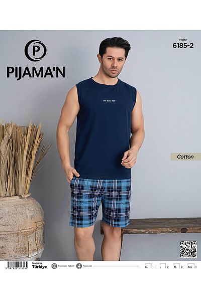 Pijamoni Men's Crew Neck Sleeveless Shorts Pajama Set 6185/2 - 1 Piece