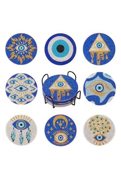 BGA elmas boyama bardak altlık seti 16 adet nazar desenli elmas boyama