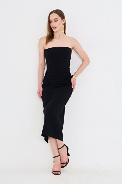 AS Anita Store Black Back Slit Strapless Dress with Gather Detail on the Side